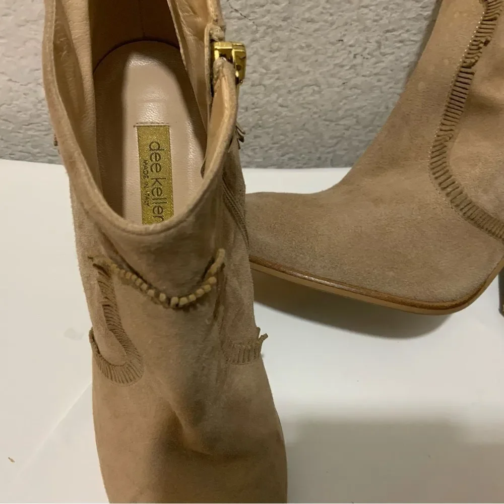 New Dee Keller Tan Suede Mini Fringe Details Ankle Boots Side Zip US 9 EU 39